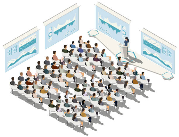 Business conference. Business presentation. Woman speech. Indicators and schedules process, coaching. Vector isometric, 3d, illustration. Business conference. Business presentation. Woman speech. People listen to speakers. Indicators and schedules process, coaching. Vector isometric, 3d, illustration. large stock illustrations