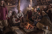 A viking family in a viking village settlement
