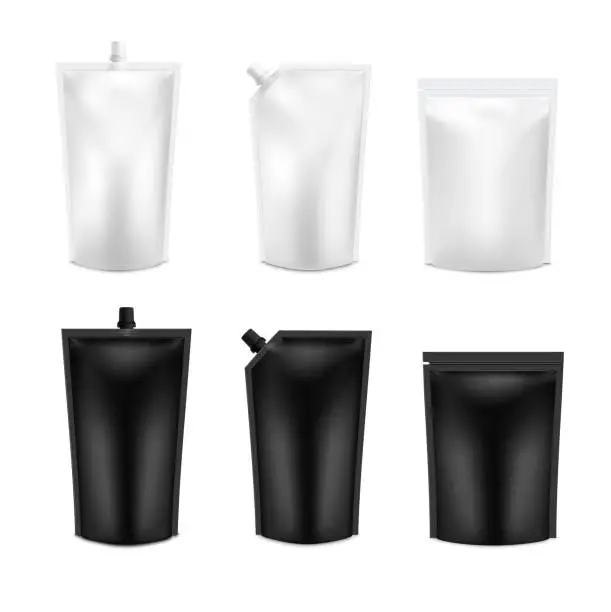 Vector illustration of Realistic 3D Black and White Blank Doy Pack Mock up set. Vector Doypack Template Packing with and without screw cap.