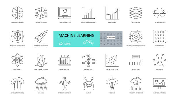 illustrazioni stock, clip art, cartoni animati e icone di tendenza di set di icone di apprendimento automatico. 25 icone di tratto modificabili. intelligenza artificiale, reti neurali, modello matematico, modelli, chatbot, regressione lineare nella scienza dei dati e analisi di business. - decadente