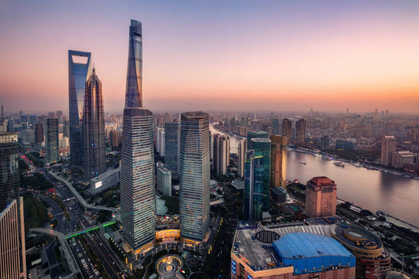 istock illuminated Lujiazui skyline and Ring road circular footbridge, Shanghai, China 1208776743