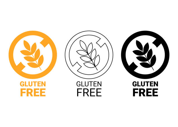 글루텐 프리 아이콘. 그레인 기호가 분리되지 않았습니다. 노란색, 윤곽선 및 검은색 아이콘입니다. 벡터 - gluten gluten free stock illustrations