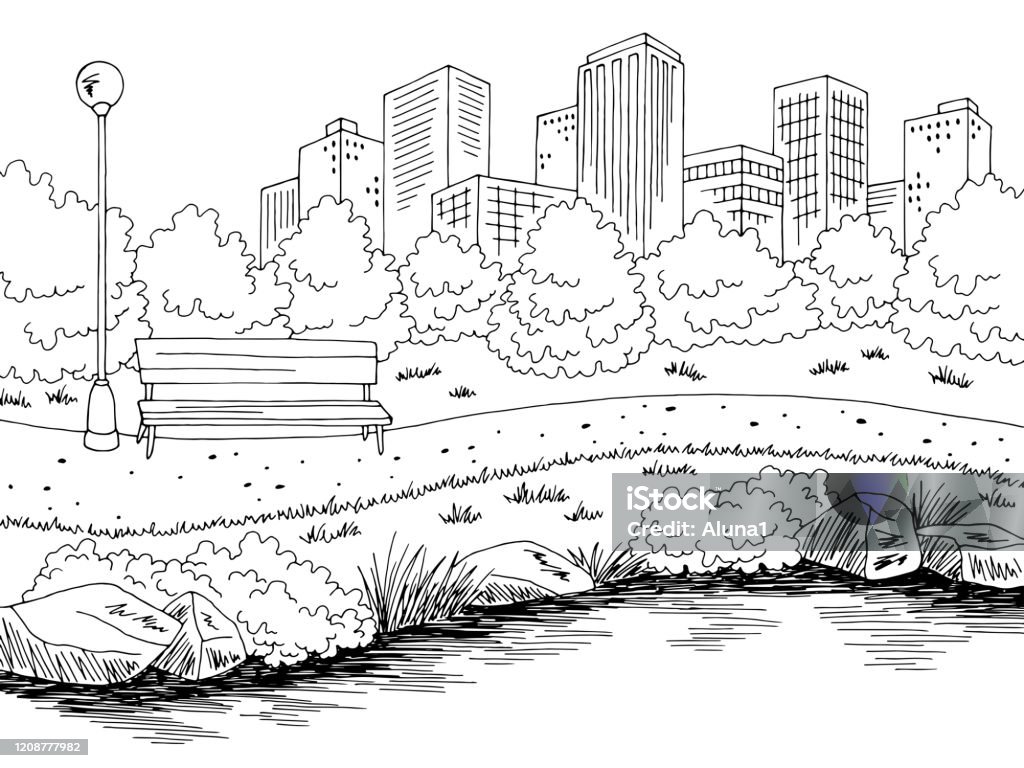 Park River Graphic Black White City Landscape Sketch Illustration ...