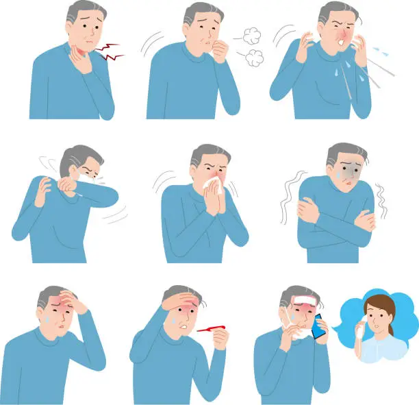 Vector illustration of Senior man with cold symptoms