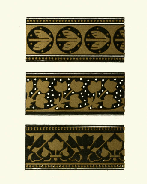 Suggestions in floral design, Victorian 19th Century, Gold black patterns Vintage engraving of Suggestions in floral design, Victorian 19th Century, Gold and black patterns decorative art stock illustrations