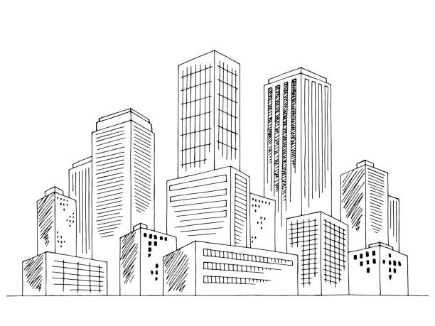 stadt grafik schwarz weiß stadtbild skyline skizze illustration vektor - line art urban scene city building exterior stock-grafiken, -clipart, -cartoons und -symbole