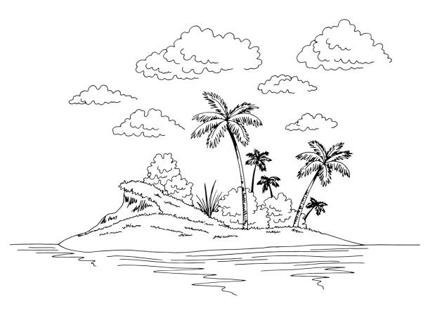 insel grafik schwarz weiß landschaft skizze illustration vektor - idylle stock-grafiken, -clipart, -cartoons und -symbole
