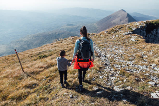 istock Hiking family exploring mountain tops on a sunny day 1208782469