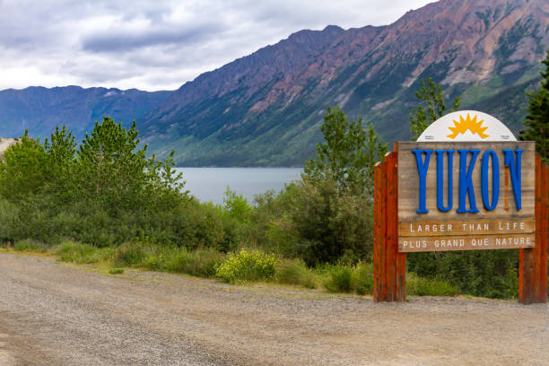 Yukon state entry sign near Tagish lake, Canada
