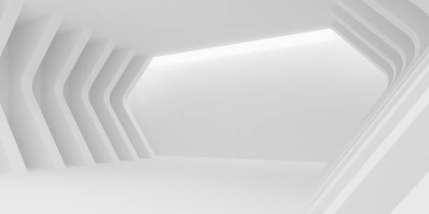 istock Abstract of architecture space with rhythm of white structure with sun light cast shadow on the wall. 3D rendering. 1208782996