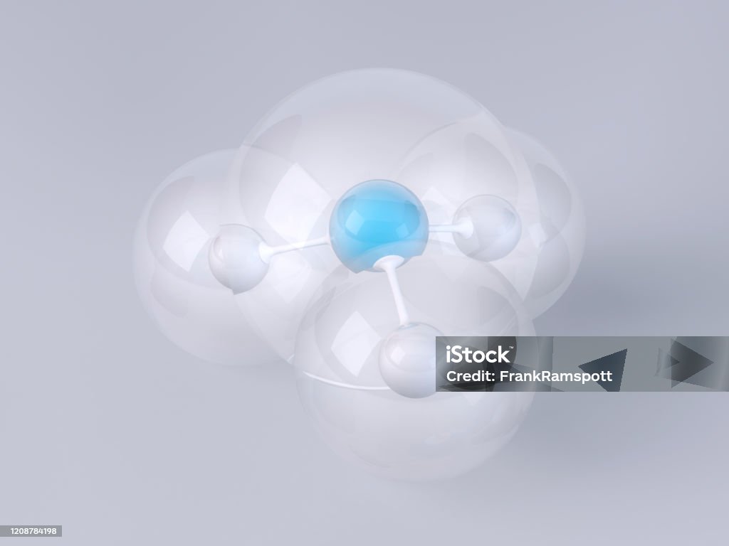 Ammonia Molecule 3D Render Gray Background 3D Render of an Ammonia NH3 Molecule Ball-And-Stick Model in front of a gray background. Van der Waals radius: Hydrogen 110 pm, Nitrogen 155 pm. Bond angle: 107.8 degree. Very high resolution available! Ammonia Stock Photo