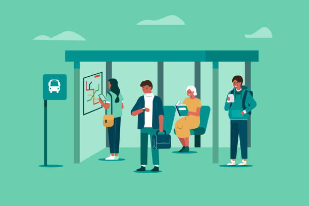 bus station People Characters Waiting for Transport at Bus Station. Woman and Man Passengers Standing at Bus Stop. Public Transportation Concept. Flat Cartoon Vector Illustration. bus transportation stock illustrations