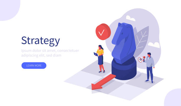 strategy People Characters Planning Strategy for Business. Businessman and Businesswoman Moving Horse Chess Figure at Chessboard. Teamwork  and Business Success Concept. Flat Isometric Vector Illustration. knight chess piece stock illustrations