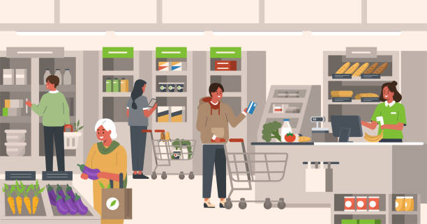 supermarket People Characters Shopping in Grocery Supermarket. Woman and Man Holding Shopping Trolley and Basket and Choosing Food Products. Retail Cashier Scanning Grocery. Flat Cartoon Vector Illustration. grocery store cashier stock illustrations