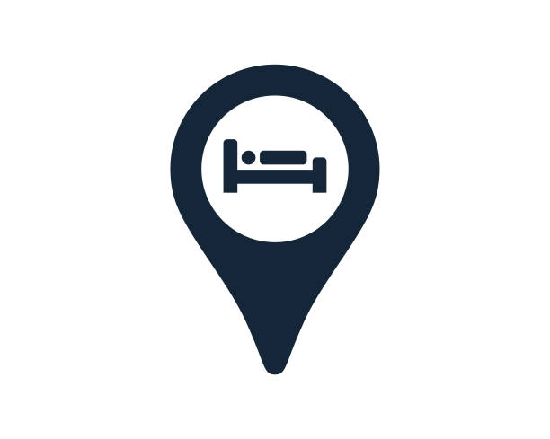 ilustrações de stock, clip art, desenhos animados e ícones de bed and breakfast, hotel or lodging with navigation location map pin icon vector illustration - lodging