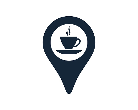 Coffee cup with navigation location map pin icon vector illustration