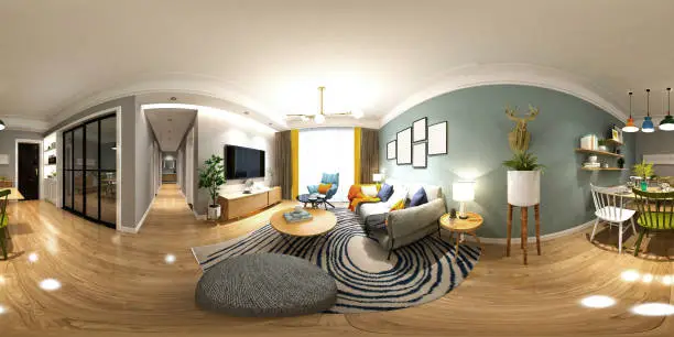 3D Render 360 Degrees Modern Living Room, House Interior.