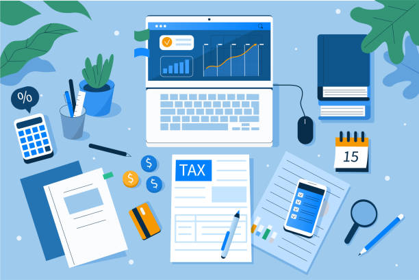 tax Office Desk with  Documents for Tax Calculation. Finance Report with Graph Charts. Calendar show Tax Payment Date. Accounting and Financial Management Concept. Flat Cartoon Vector Illustration. tax drawings stock illustrations