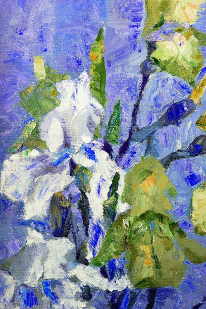 istock Fashionable spring illustration allegory modern work of art impressionism original oil painting on canvas vertical symbolic landscape blooming white and yellow irises in the evening light against a dark blue sky 1208789249