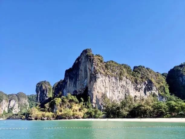 Aonang, Krabi / Thailand - February 11, 2019: Aonang Beach, the beautiful and famous place in Thailand. Blue sky cloudy, mountain and green sea with long tail boats, good for the vacation season.