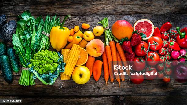 Healthy Fresh Rainbow Colored Fruits And Vegetables In A Row Stock Photo - Download Image Now