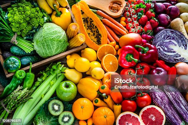 Healthy Fresh Rainbow Colored Fruits And Vegetables Background Stock Photo - Download Image Now