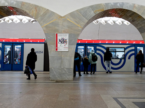 Moscow, Russia - February 24, 2020: Passengers are going to board the subway train