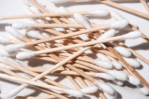 Close up of ear sticks on white background, zero waste concept