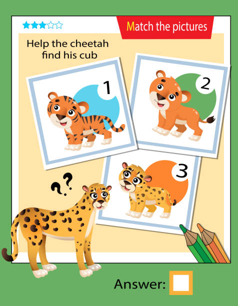 istock Matching game, education game for children. Puzzle for kids. Match the right object. Help the cheetah find his cub. 1208793435