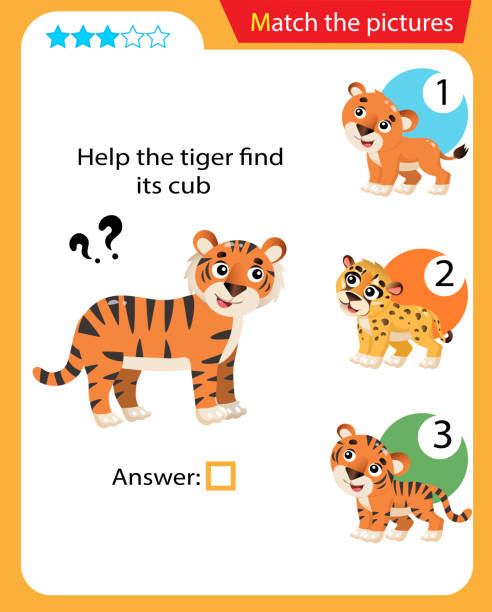 istock Matching game, education game for children. Puzzle for kids. Match the right object. Help the tiger find his cub. 1208793447