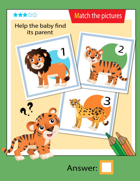 istock Matching game, education game for children. Puzzle for kids. Match the right object. Help the little tiger cub find its parent. 1208793467