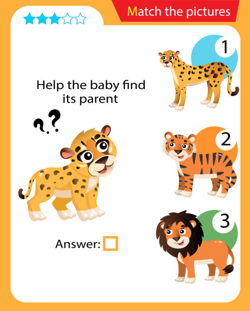 istock Matching game, education game for children. Puzzle for kids. Match the right object. Help the little cheetah find its parent. 1208793478