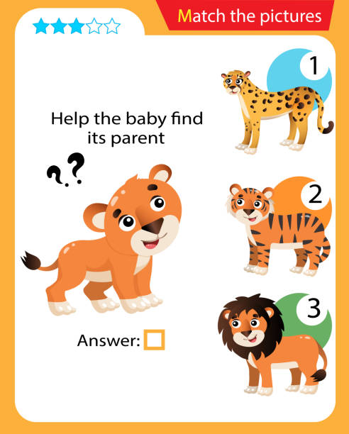 istock Matching game, education game for children. Puzzle for kids. Match the right object. Help the little lion cub find its parent. 1208793483