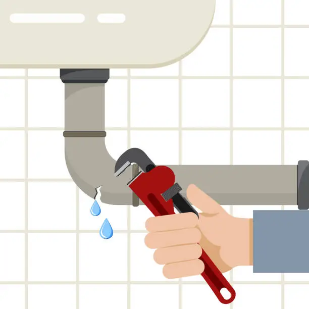 Vector illustration of Sink, broken pipe with leaking water and hand holding wrench