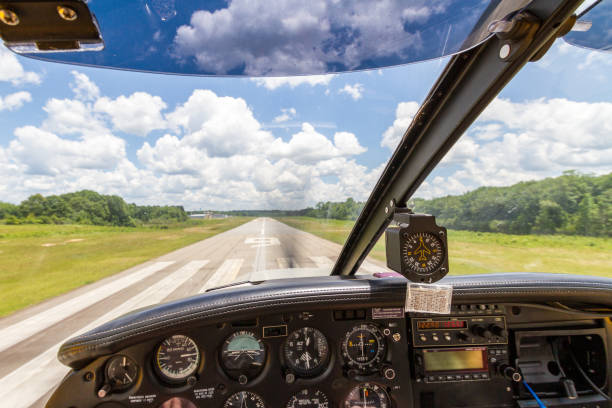 Cockpit View of Small Aircraft Landing stock photo