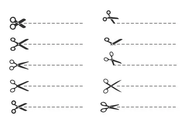 Vector illustration of scissors cut lines, paper cut symbol template