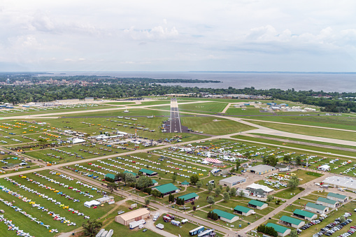 View over the airfield during an aviation fly-in event in Oshkosh, Wisconsin.
