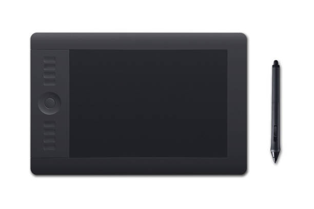 Modern graphic tablet with pen isolated on white background