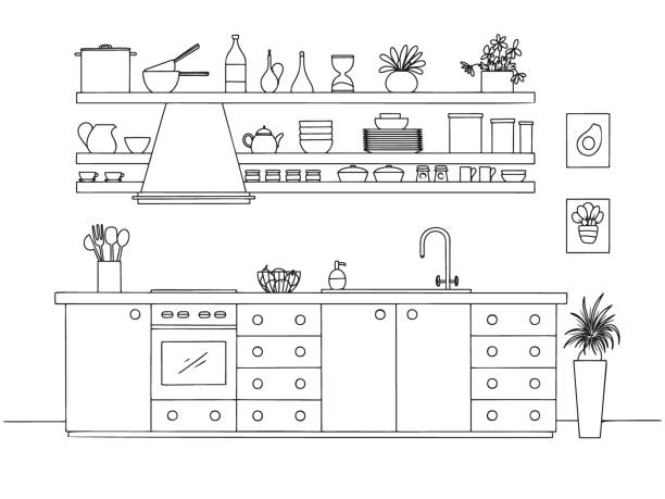 ilustrações de stock, clip art, desenhos animados e ícones de hand drawn kitchen. vector illustration in sketch style. - eaves