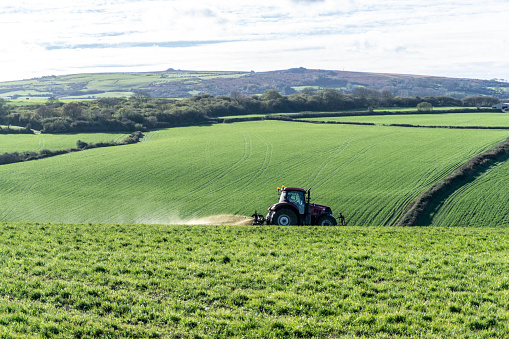 rural scene - tractor spreading manure on pasture land. Rolling Welsh countryside (Pembrokeshire)