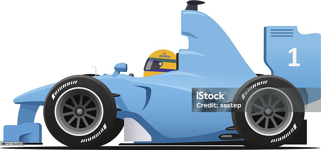 Blue open-wheel single-seater racing car Racecar Blue cartoon race car side view vector illustration isolated on white. Racecar stock vector