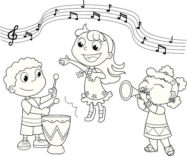Young Music band Children playing and singing. Black and white illustration. cartoon of a african bongo drums stock illustrations