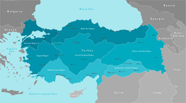 stockillustraties, clipart, cartoons en iconen met vector moderne illustratie. vereenvoudigde geografische kaart van turkije en de dichtstbijzijnde staten (syrië, griekenland, bulgarije, iran en enz.) blauwe achtergrond van zwarte en mediterrane zee. turkse steden en regio's. - turkije