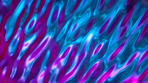 istock 3d render, abstract wavy liquid background, ultraviolet holographic foil, petrol surface, pink blue iridescent texture, ripples. Modern fashion textile, trendy design, metallic fabric reflections 1208800090