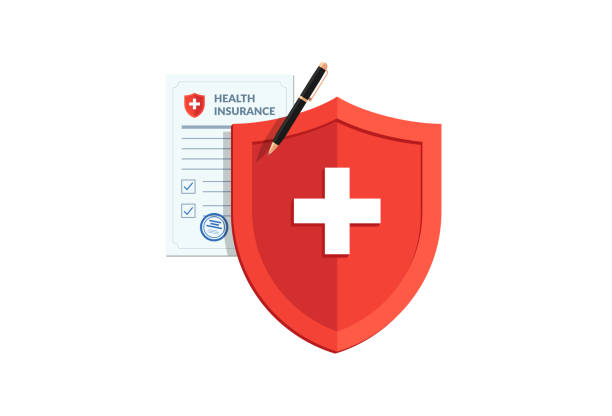Medical healthcare insurance concept. Red shield on patient protection policy and pen. Vector medicine symbol illustration Medical healthcare insurance concept. Red shield on patient protection policy and pen. Vector medicine flat symbol illustration life insurance stock illustrations