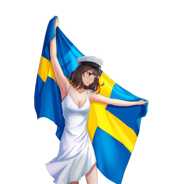 bildbanksillustrationer, clip art samt tecknat material och ikoner med ung kvinna som håller upp den svenska flaggan på sin examensdag - studenter sweden