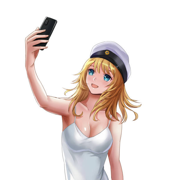 Young woman taking a selfie on her graduation day A young woman on her graduation day in Sweden. She is taking selfies on her mobile smart phone. Isolated on white. swedish summer stock illustrations