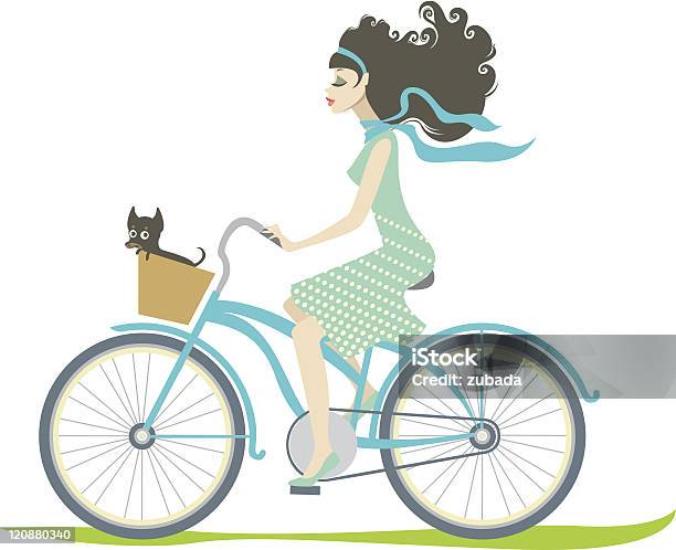 Ragazza In Bicicletta Con Il Suo Piccolo Cane - Immagini vettoriali stock e altre immagini di Adulto - Adulto, Ambientazione esterna, Arte