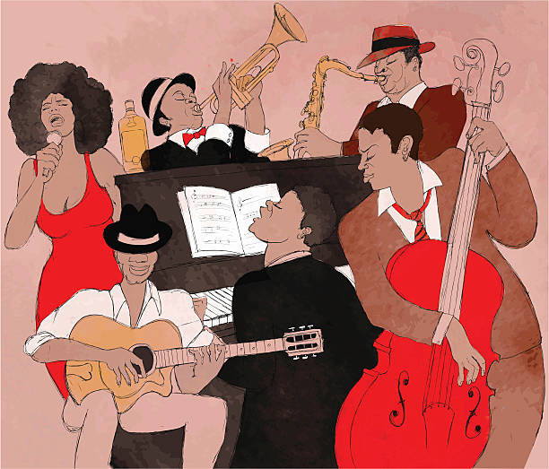 graphic of black new orleans style 6-person jazz band - 表演團體 插圖 幅插畫檔、美工圖案、卡通及圖標