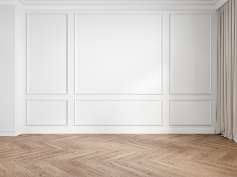 Moderna pared en blanco interior interior clásica con molduras, paneles, suelo de madera, cortina. photo